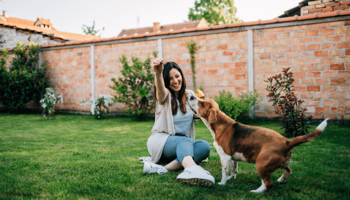 Woman playing with her dog on a lawn