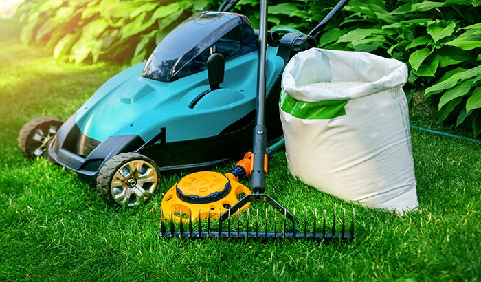 Lawnmower and gardening tools on green grass