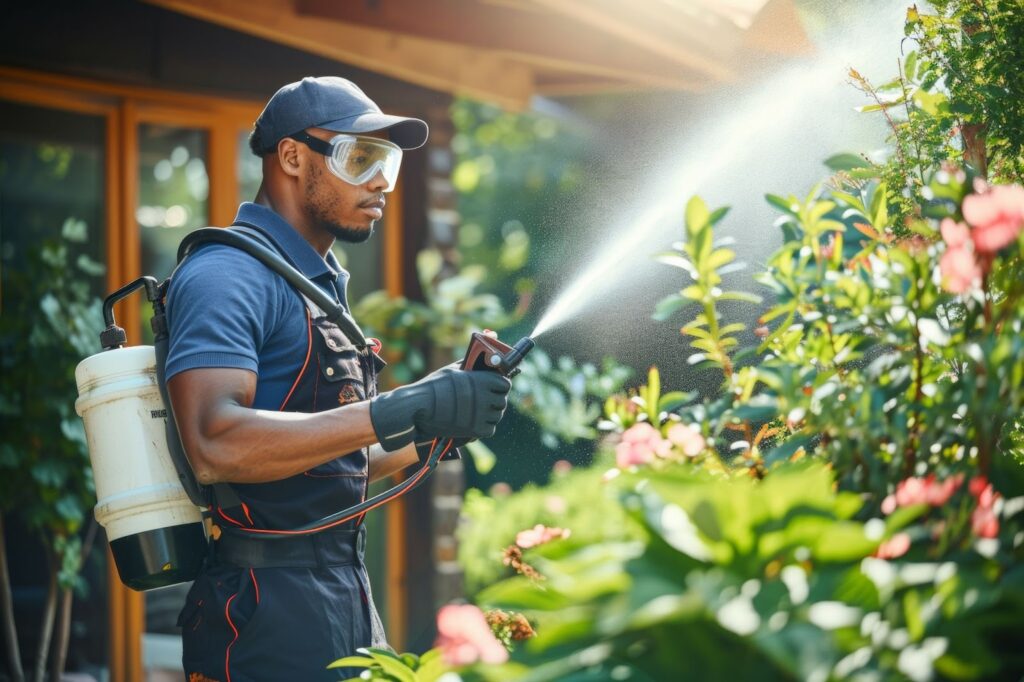 A man in a blue shirt and glasses watering a garden with a hose.