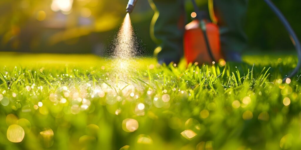 Man using hose to water lawn for Pest Control.