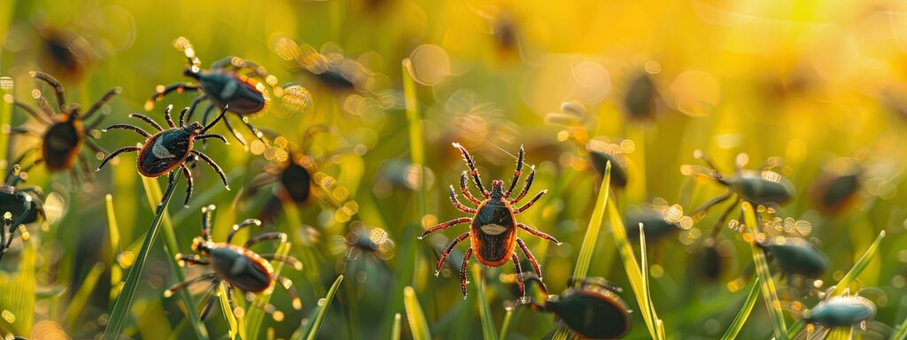 Numerous spiders infesting a grassy field, potentially causing damage to the lawn.