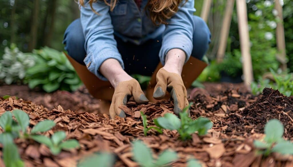 A woman kneels in a drought-affected garden, tending to water-wise plants and enriching the soil for sustainable growth.