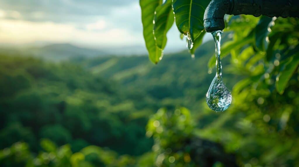 Water drips from a tap onto a green leafy tree, symbolizing conservation amid Utah's drought conditions and water-wise practices.