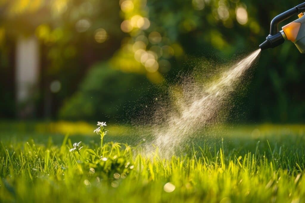 A person sprays water on grass with a hose, effectively managing weeds in the garden.